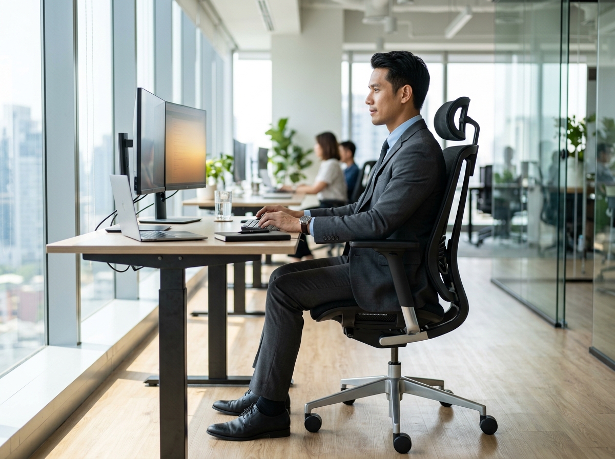 Postur duduk ergonomis dengan sudut panggul terbuka dan penyangga lumbal