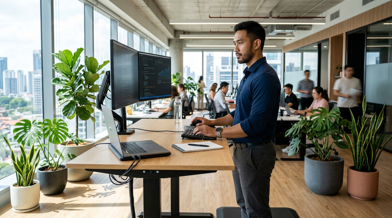 Pria profesional bekerja aktif di meja standing desk modern